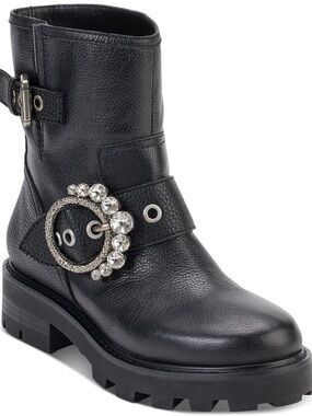 Karl Lagerfeld Black Leather Crystal Buckle Combat Boot women’s 8.5 NWOB